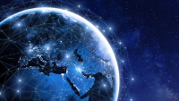 A rendering of an interconnected globe with satellites