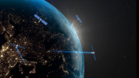 An exterior view of Earth with satellites in orbit
