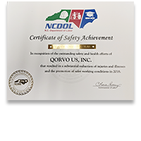 Qorvo Greensboro &ndash; Gold Award from the North Carolina Department of Labor for Safety Achievement in 2018