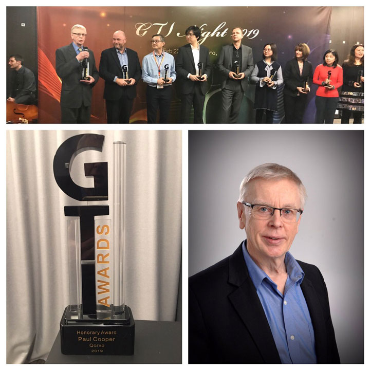 Qorvo’s Paul Cooper and a cross-company collaborative team accept a GTI Honorary Award at MWC19