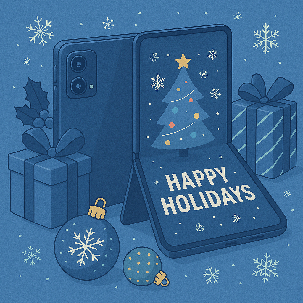 An illustration of a modern flip phone with a Christmas tree and the words "Happy Holidays" displaying on it