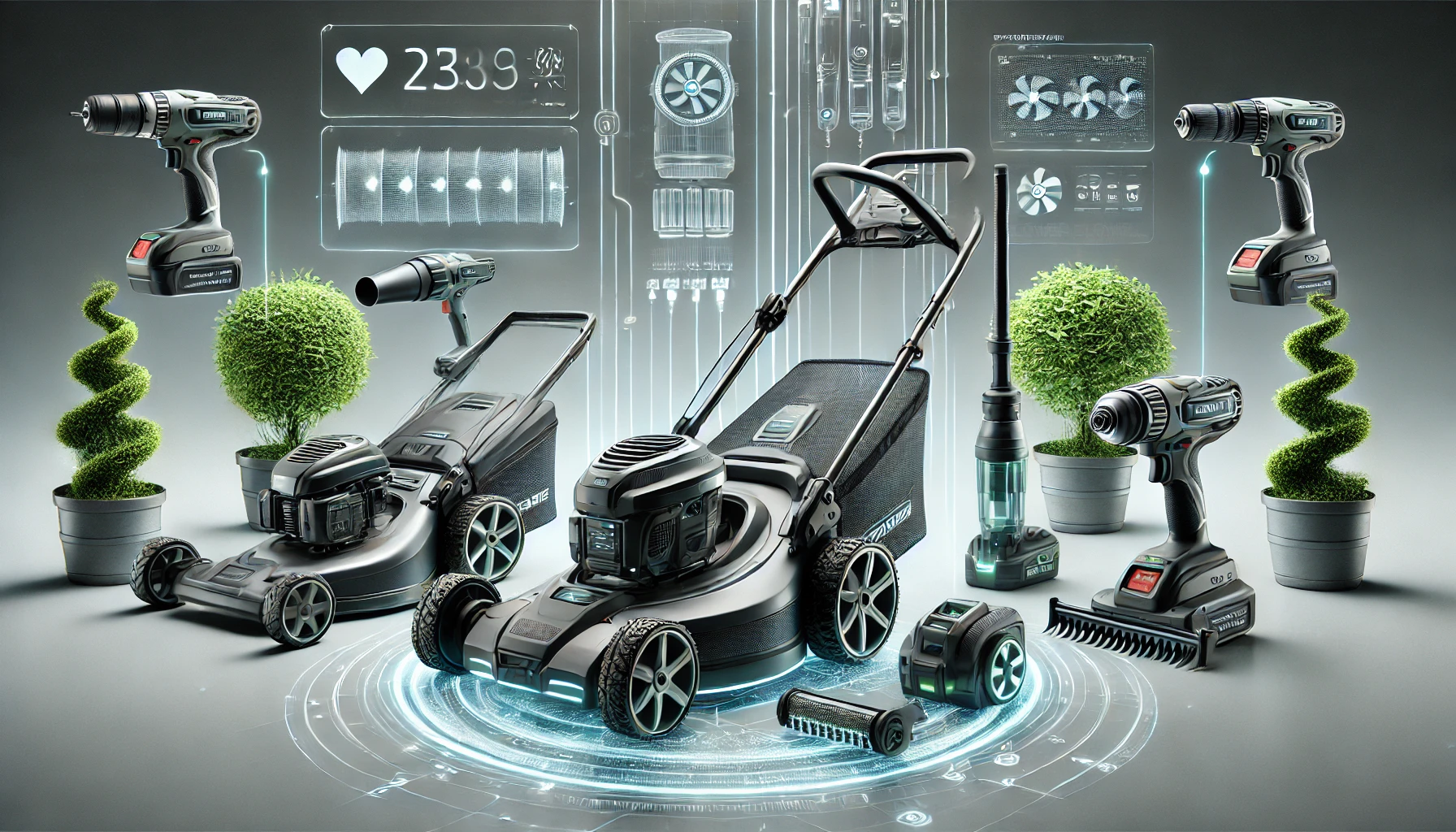 A collection of power tools and lawn equipment