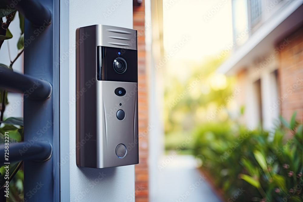 A doorbell camera mounted on a post in a residential area