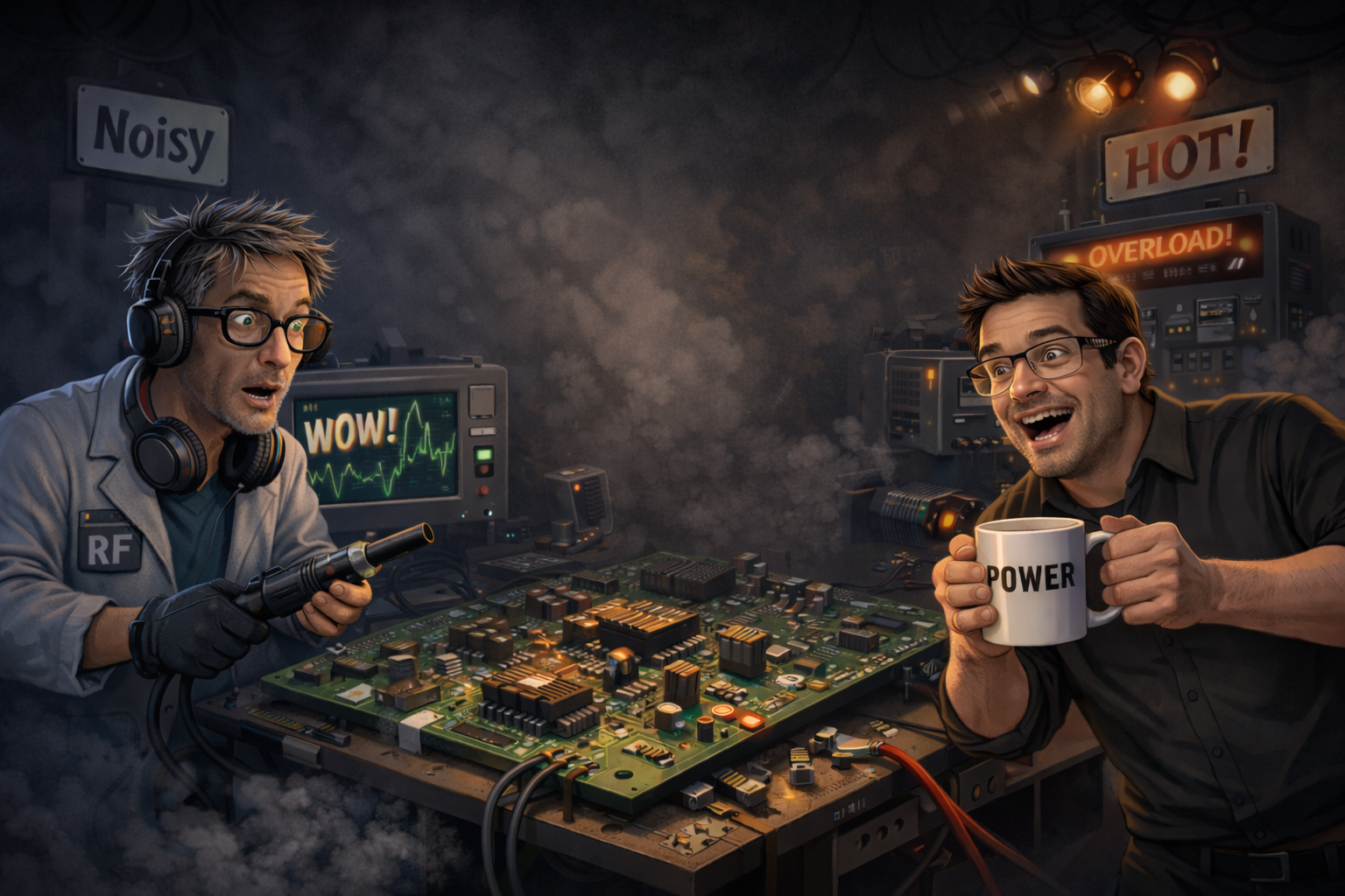 Two men excitedly huddled around a circuit board