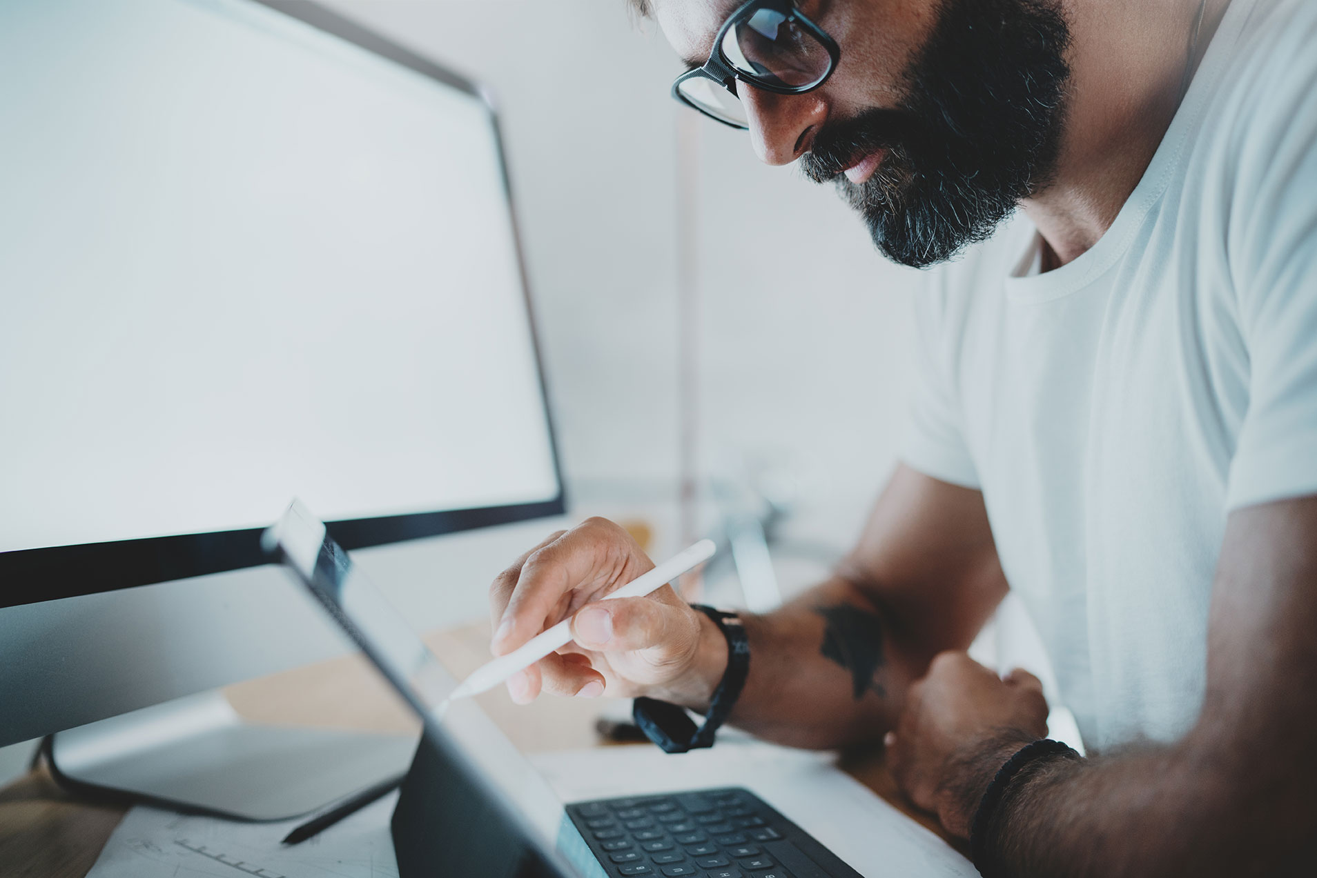 Man working on tablet