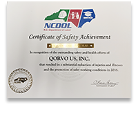 Qorvo Greensboro – Gold Award from the North Carolina Department of Labor for Safety Achievement in 2018